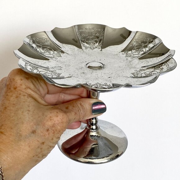 Farberware Krome Kraft Art Deco Pedestal Candy Dish Scalloped Chrome Plated Vtg - Picture 1 of 12